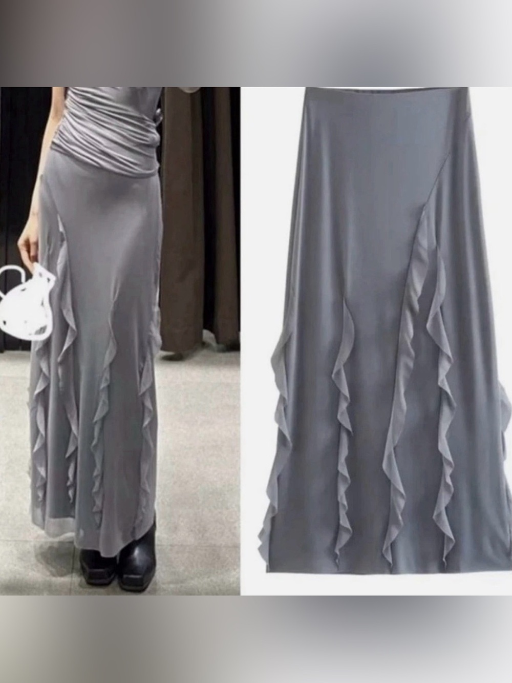 Zara Gray Tulle Elgant Ruffle Detail Mesh Maxi Pencil skirt Y2K Style size Large